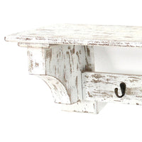 Wooden Wall Shelf with 4 Hooks and Carved Side Frames, Distressed White - BM218361