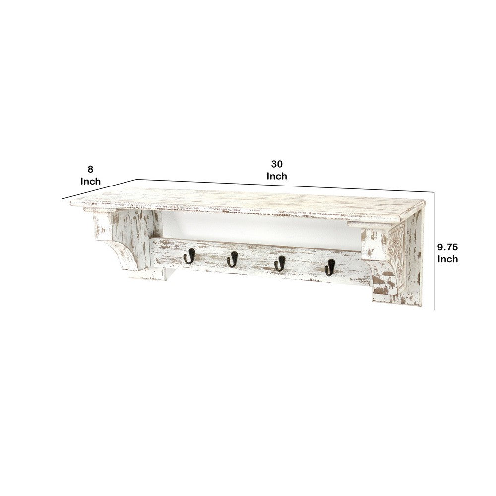Wooden Wall Shelf with 4 Hooks and Carved Side Frames, Distressed White - BM218361