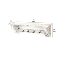 Wooden Wall Shelf with 4 Hooks and Carved Side Frames, Distressed White - BM218361