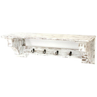 Wooden Wall Shelf with 4 Hooks and Carved Side Frames, Distressed White - BM218361
