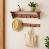 Wooden Wall Shelf with 4 Hooks and Carved Side Frames, Distressed Red - BM218362