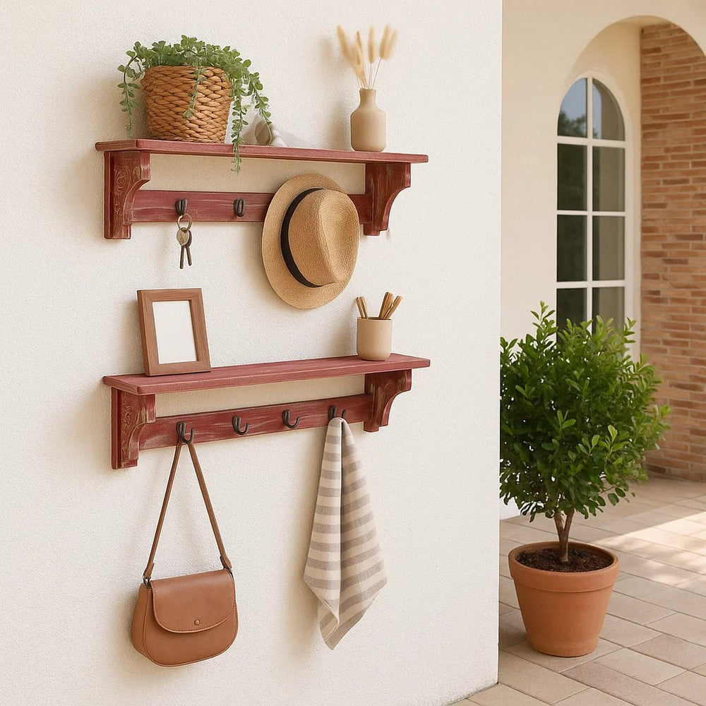 Wooden Wall Shelf with 4 Hooks and Carved Side Frames, Distressed Red - BM218362