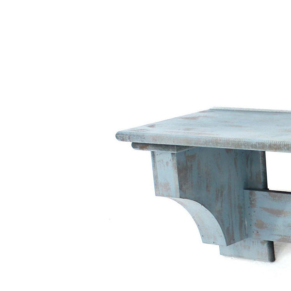 Wooden Wall Shelf with 4 Hooks and Carved Side Frames, Distressed Blue - BM218363