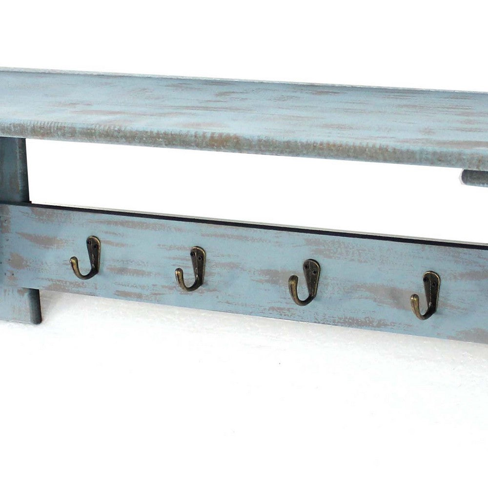 Wooden Wall Shelf with 4 Hooks and Carved Side Frames, Distressed Blue - BM218363