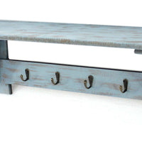 Wooden Wall Shelf with 4 Hooks and Carved Side Frames, Distressed Blue - BM218363