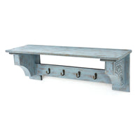 Wooden Wall Shelf with 4 Hooks and Carved Side Frames, Distressed Blue - BM218363