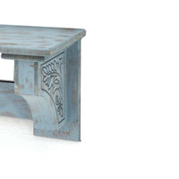 Wooden Wall Shelf with 4 Hooks and Carved Side Frames, Distressed Blue - BM218363