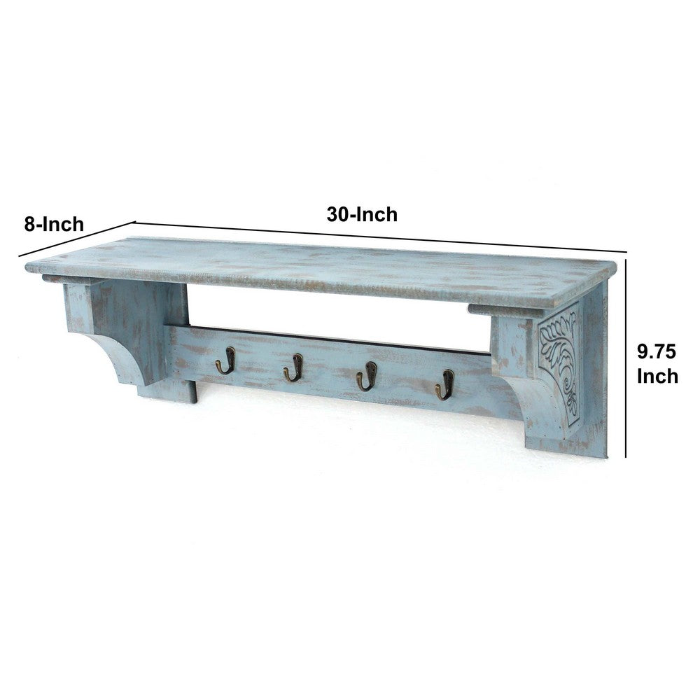 Wooden Wall Shelf with 4 Hooks and Carved Side Frames, Distressed Blue - BM218363