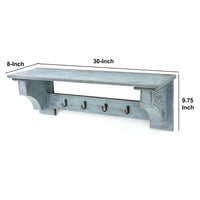 Wooden Wall Shelf with 4 Hooks and Carved Side Frames, Distressed Blue - BM218363