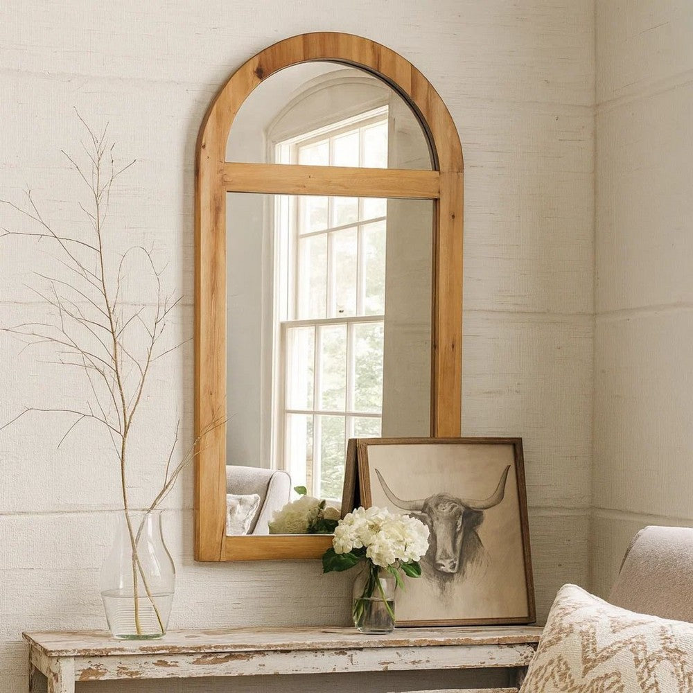 Farmhouse Style Rectangular Wooden Wall Mirror with Arched Top, Brown - BM218364