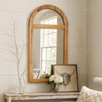 Farmhouse Style Rectangular Wooden Wall Mirror with Arched Top, Brown - BM218364