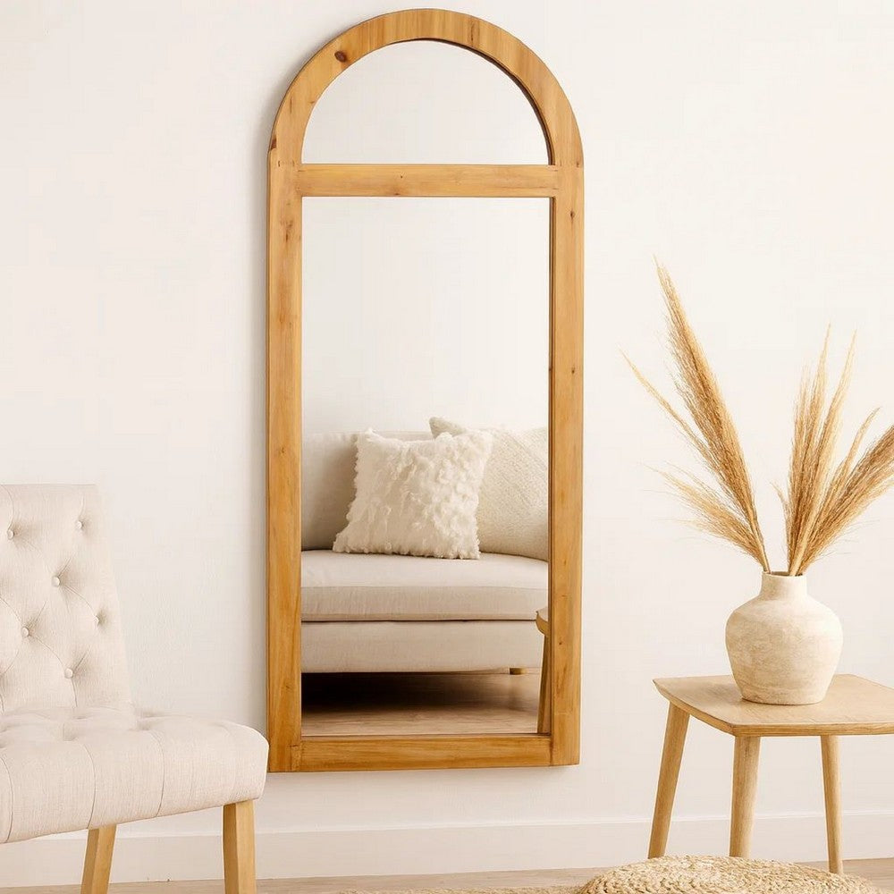 Farmhouse Style Rectangular Wooden Wall Mirror with Arched Top, Brown - BM218364