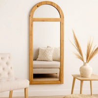 Farmhouse Style Rectangular Wooden Wall Mirror with Arched Top, Brown - BM218364