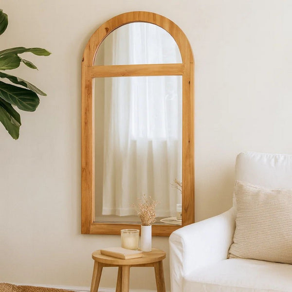 Farmhouse Style Rectangular Wooden Wall Mirror with Arched Top, Brown - BM218364