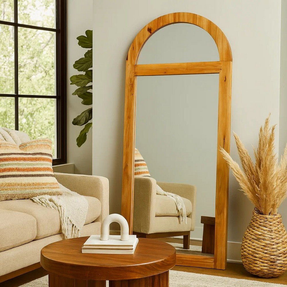 Farmhouse Style Rectangular Wooden Wall Mirror with Arched Top, Brown - BM218364