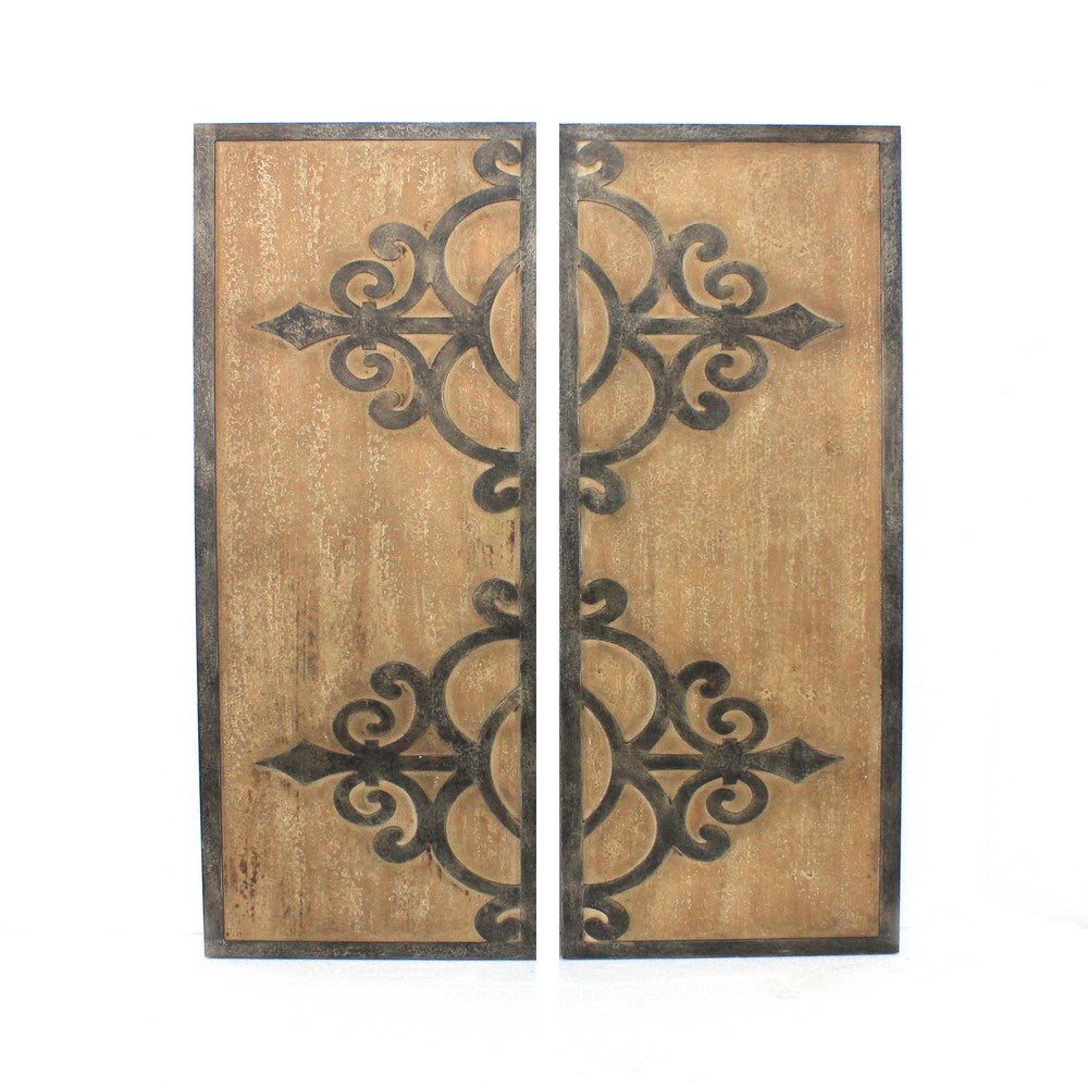 Wooden Wall Plaques with Metal Sculptural Design, Set of 2, Brown - BM218368
