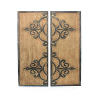 Wooden Wall Plaques with Metal Sculptural Design, Set of 2, Brown - BM218368