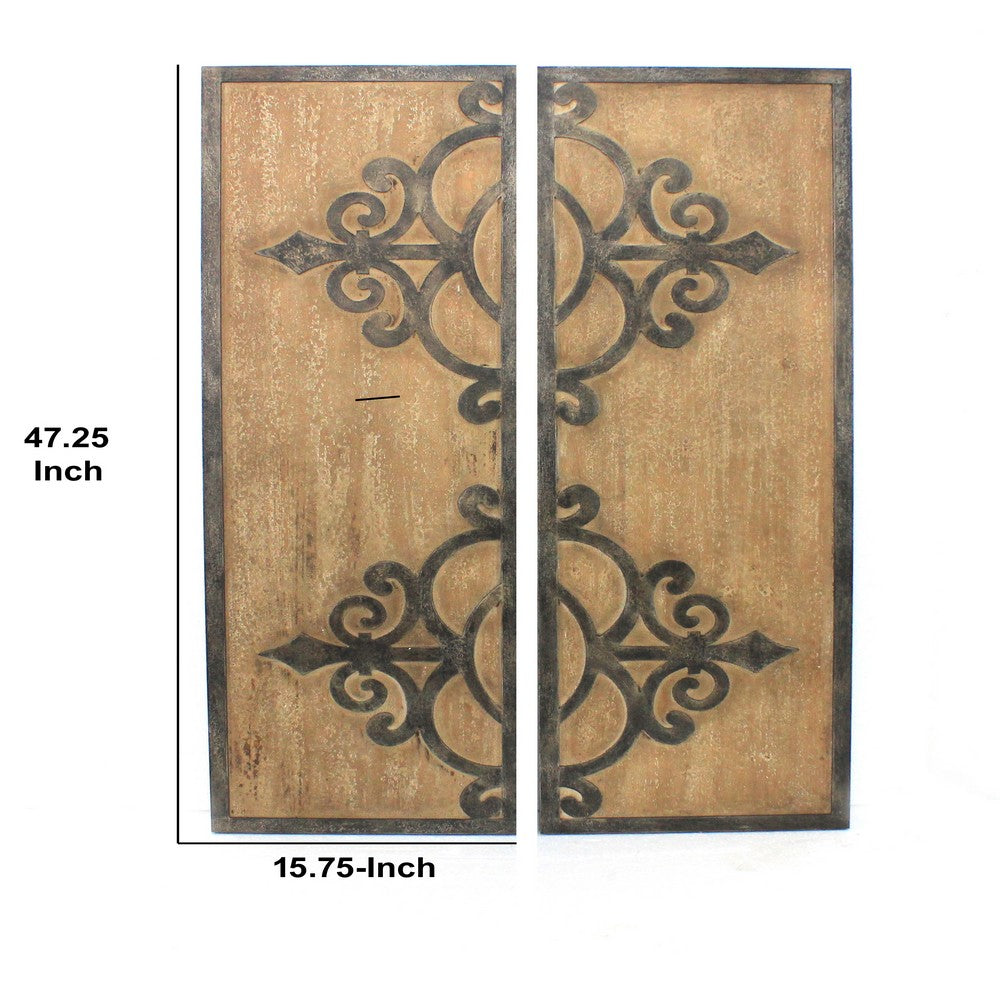 Wooden Wall Plaques with Metal Sculptural Design, Set of 2, Brown - BM218368