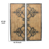 Wooden Wall Plaques with Metal Sculptural Design, Set of 2, Brown - BM218368