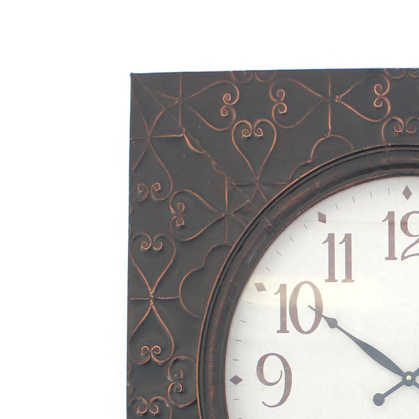 Square Metal Wall Clock with Embossed Intricate Carvings, Bronze - BM218369