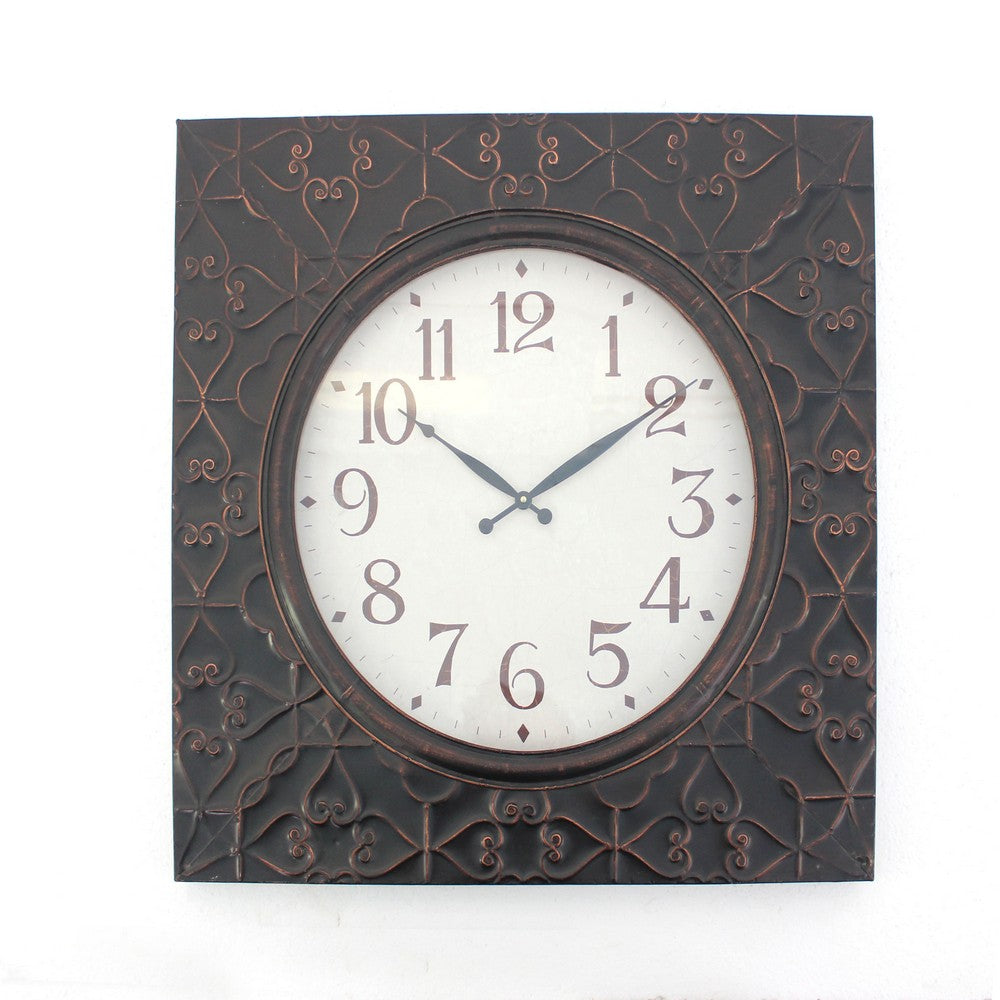 Square Metal Wall Clock with Embossed Intricate Carvings, Bronze - BM218369