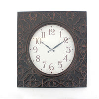 Square Metal Wall Clock with Embossed Intricate Carvings, Bronze - BM218369