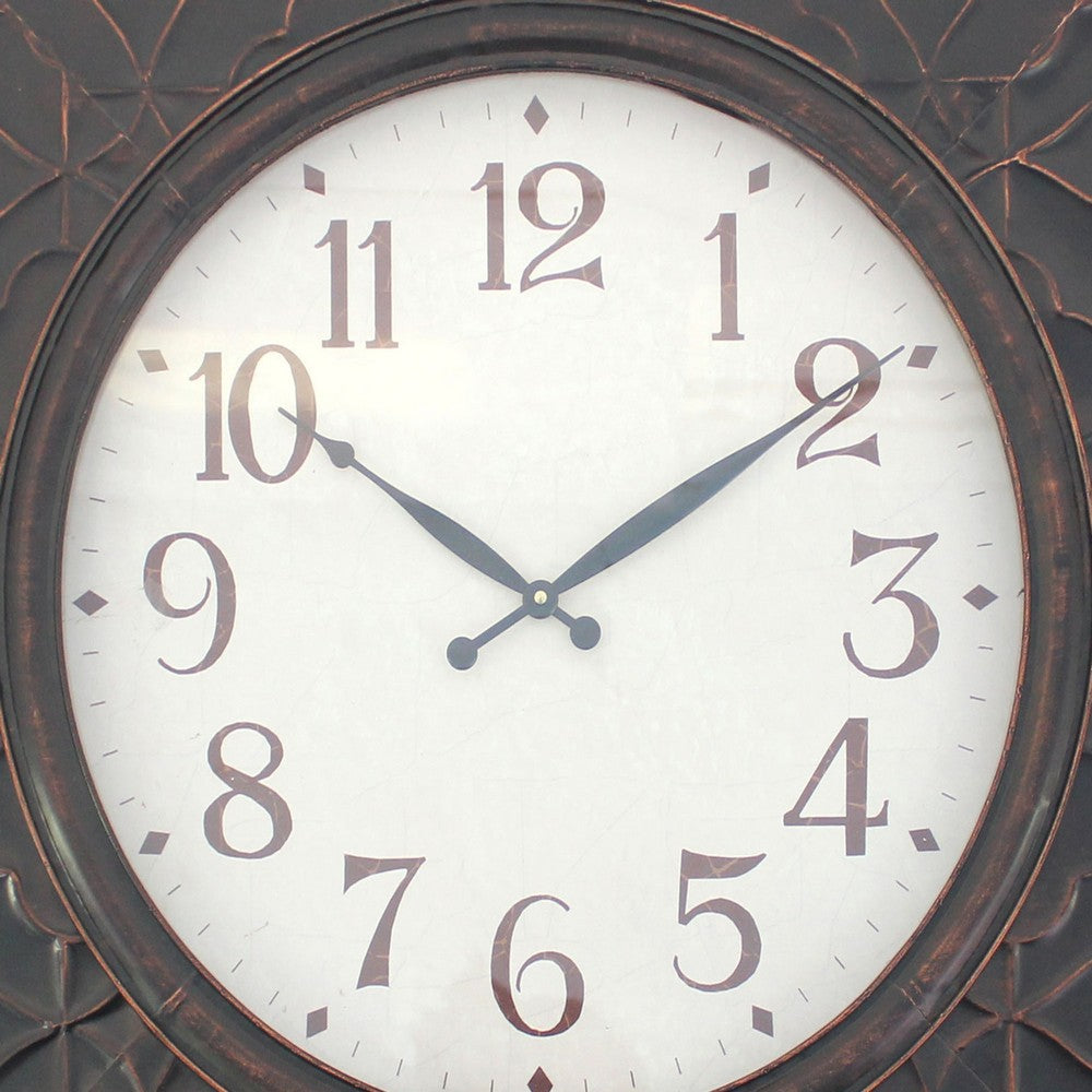 Square Metal Wall Clock with Embossed Intricate Carvings, Bronze - BM218369