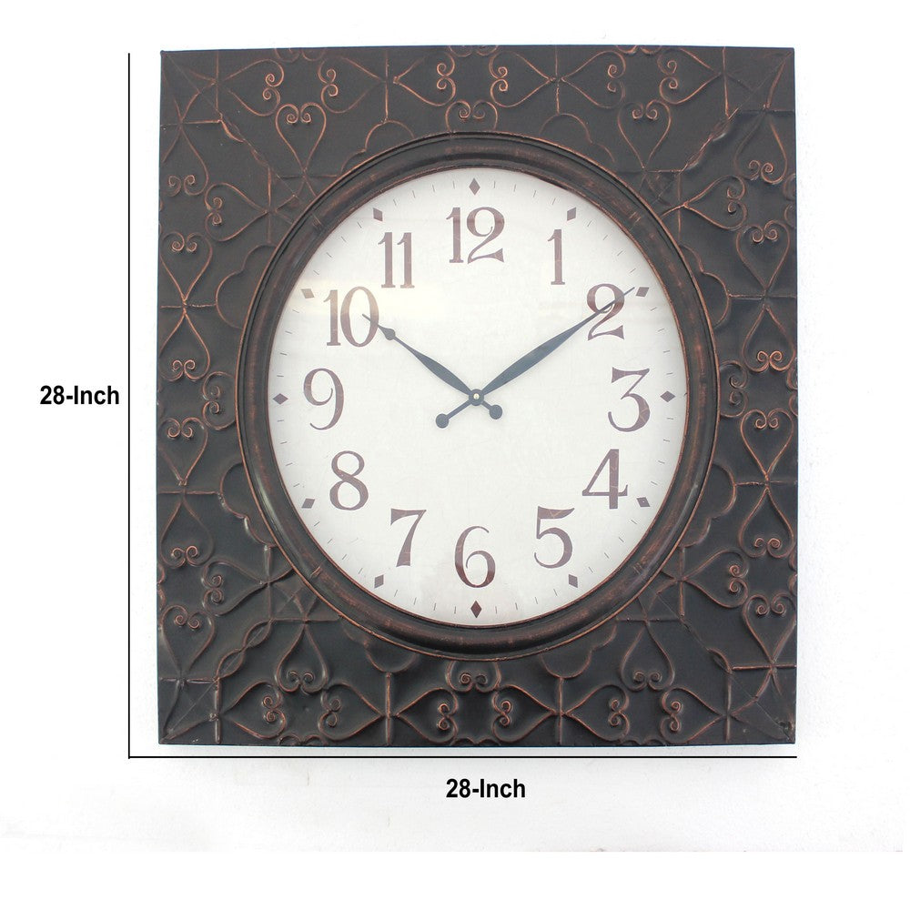 Square Metal Wall Clock with Embossed Intricate Carvings, Bronze - BM218369