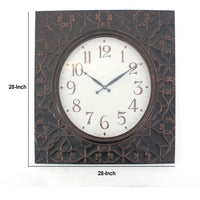 Square Metal Wall Clock with Embossed Intricate Carvings, Bronze - BM218369