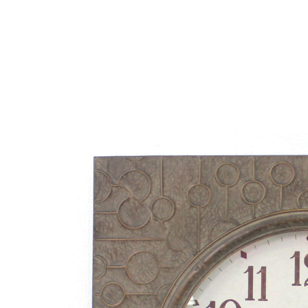 Square Metal Wall Clock with Embossed Intricate Carvings, Brown - BM218370