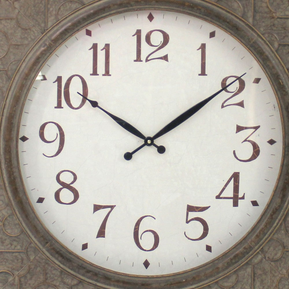 Square Metal Wall Clock with Embossed Intricate Carvings, Brown - BM218370