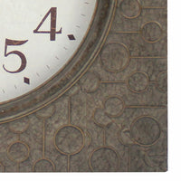 Square Metal Wall Clock with Embossed Intricate Carvings, Brown - BM218370