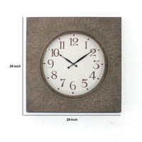 Square Metal Wall Clock with Embossed Intricate Carvings, Brown - BM218370