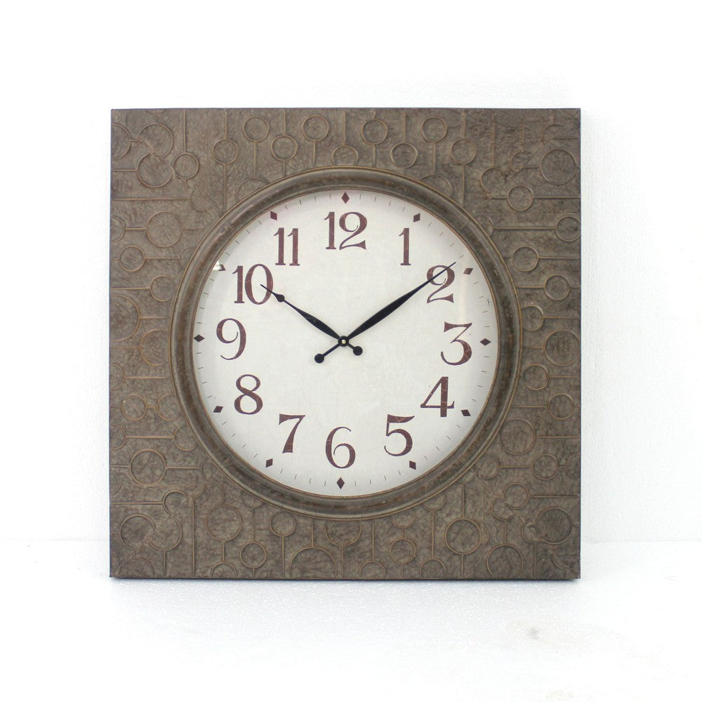Square Metal Wall Clock with Embossed Intricate Carvings, Brown - BM218370