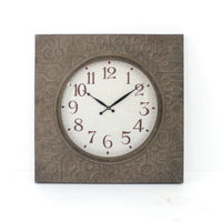 Square Metal Wall Clock with Embossed Intricate Carvings, Brown - BM218370