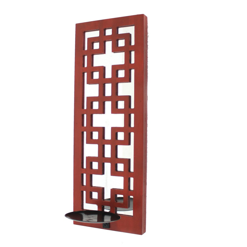 Lattice Design Wooden Frame Candle Holder with Mirror Insert, Red - BM218401