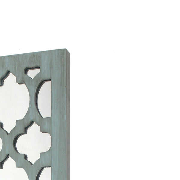 Quatrefoil Pattern Wooden Candle holder with Mirror Insert, Light Blue - BM218403