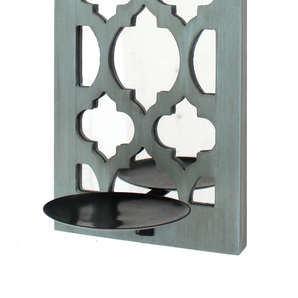 Quatrefoil Pattern Wooden Candle holder with Mirror Insert, Light Blue - BM218403