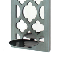 Quatrefoil Pattern Wooden Candle holder with Mirror Insert, Light Blue - BM218403