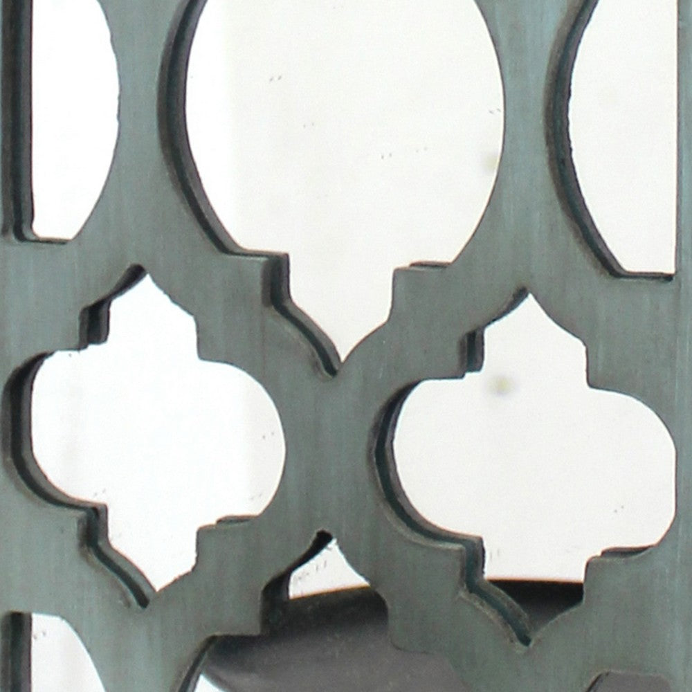 Quatrefoil Pattern Wooden Candle holder with Mirror Insert, Light Blue - BM218403