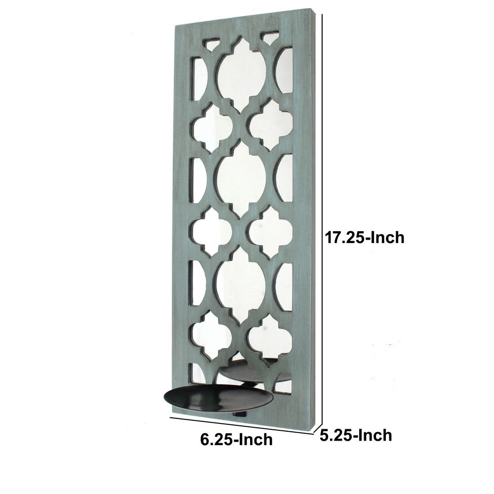 Quatrefoil Pattern Wooden Candle holder with Mirror Insert, Light Blue - BM218403
