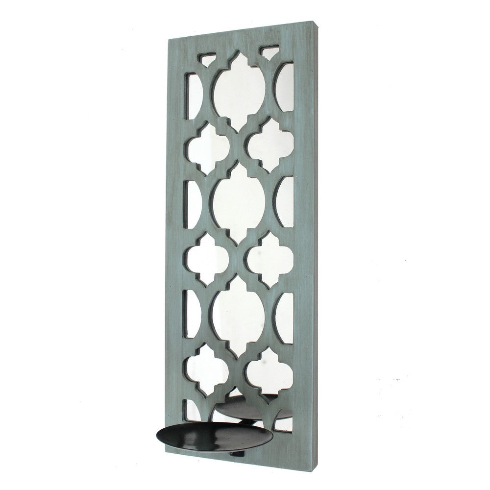 Quatrefoil Pattern Wooden Candle holder with Mirror Insert, Light Blue - BM218403