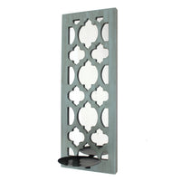 Quatrefoil Pattern Wooden Candle holder with Mirror Insert, Light Blue - BM218403