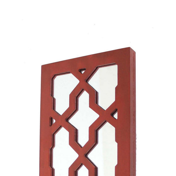 Quatrefoil Pattern Wooden Candle holder with Mirror Insert, Red - BM218404