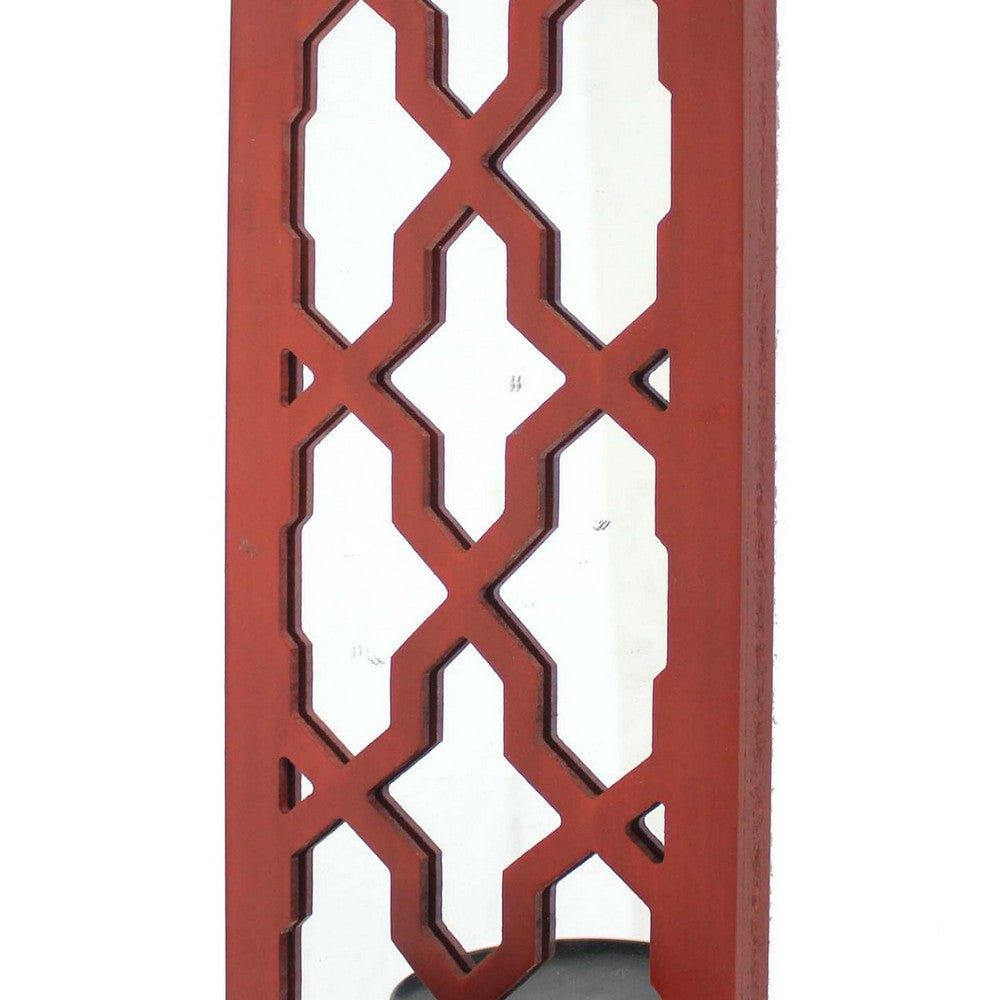 Quatrefoil Pattern Wooden Candle holder with Mirror Insert, Red - BM218404