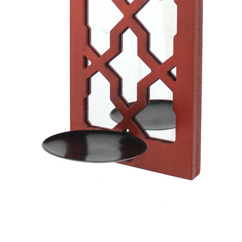 Quatrefoil Pattern Wooden Candle holder with Mirror Insert, Red - BM218404