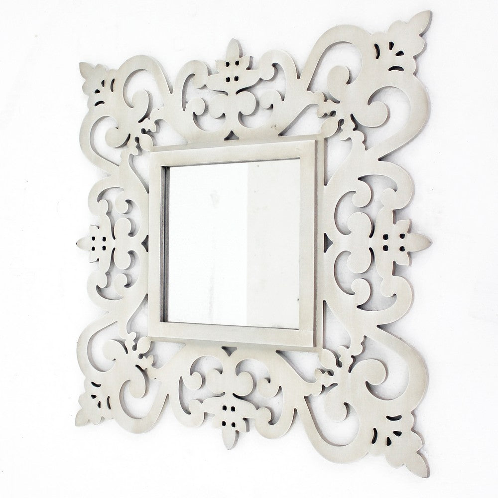 Square Shape Floral Cosmetic Wall Mirror, White - BM218409