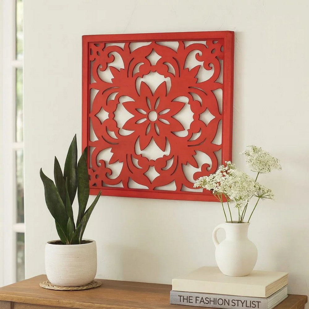 Square Wooden Floral Wall Plaque, Red - BM218410