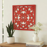 Square Wooden Floral Wall Plaque, Red - BM218410