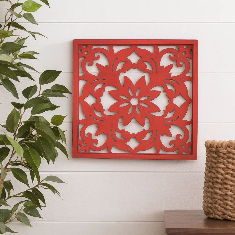 Square Wooden Floral Wall Plaque, Red - BM218410